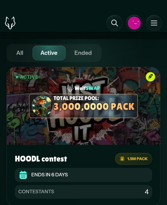 A mobile app screenshot of "WolfSwap" showing an active "HOODL contest" with a total prize pool of 3,000,000,000 PACK, ending in 6 days, with 4 contestants.