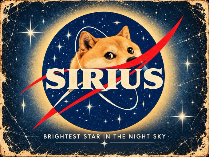 The image features a vintage-style "SIRIUS" logo with the iconic Shiba Inu Doge peeking from behind the text, surrounded by a starry night sky, with the tagline "BRIGHTEST STAR IN THE NIGHT SKY" below—cleverly tying the Doge meme to Sirius, the brightest star, which reinforces the post's message that among the universe's billions of stars, only one is the Doge Star.