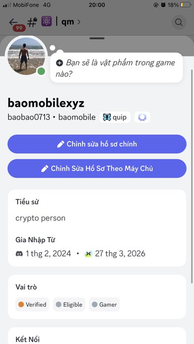 A Discord-like social profile for 'baomobilexyz' with the bio 'crypto person', showing two custom role buttons in Vietnamese and account details with Verified, Eligible, and Gamer tags.