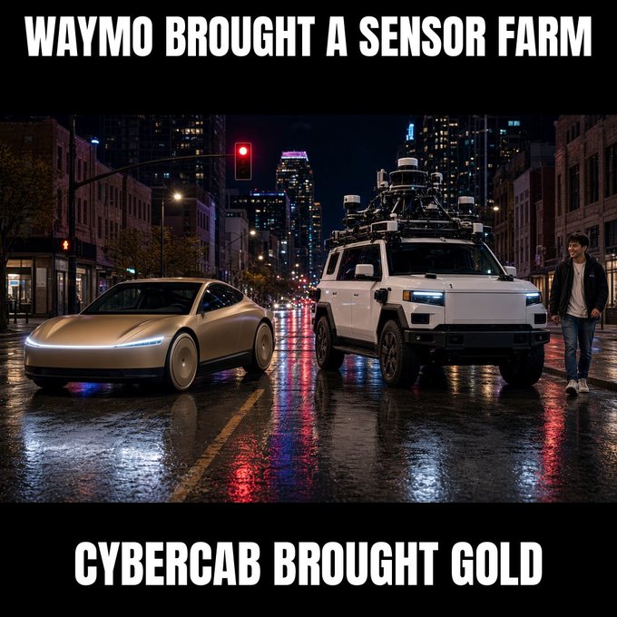 A meme image with text 'WAYMO BROUGHT A SENSOR FARM / CYBERCAB BROUGHT GOLD' comparing a complex, sensor-laden white robotaxi to a sleek, minimalist gold robotaxi on a wet city street at night.