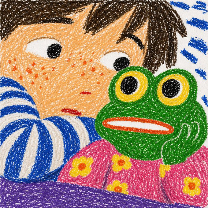 A textured crayon-style illustration showing a close-up of a boy with freckles lying next to a green frog, with the frog resting on a pink floral blanket.