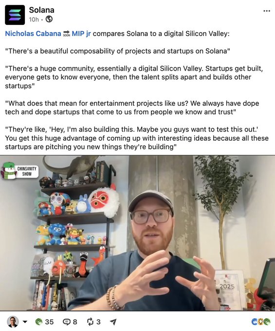 A screenshot of a tweet from Solana featuring Nicholas Cabana, aka MIP jr, comparing Solana to a 'digital Silicon Valley,' accompanied by a video thumbnail of him speaking in front of a shelf of toys.