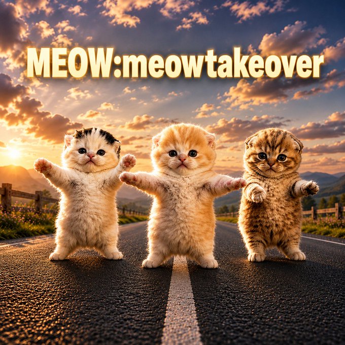Three adorable kittens stand upright on a sunlit road with outstretched paws beneath the bold yellow text "MEOW:meowtakeover," visually embodying the post's playful claim that $Meow is leading a meme-driven "takeover" on BSC with its cat-themed branding.