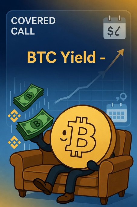 An illustrated graphic titled 'COVERED CALL' showing a Bitcoin coin character relaxing on a couch with money and a rising 'BTC Yield' chart in the background.