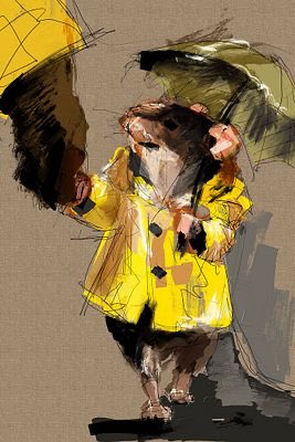 An expressive digital painting of a figure wearing a yellow raincoat and dark hat, carrying a large yellow umbrella.