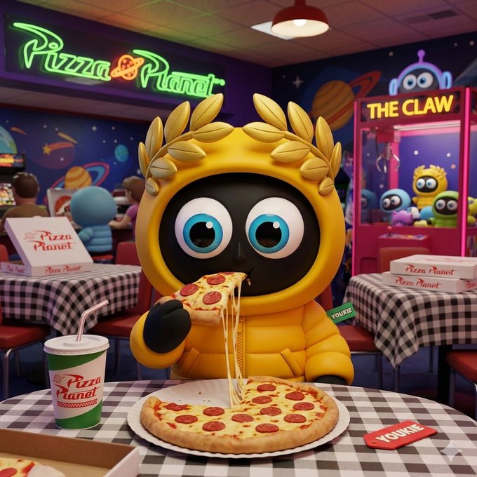 The image features a cartoon robot wearing a yellow hoodie, sitting at a table with a plate of pizza in front of them. There are several other people around the scene, some seated at tables while others stand or walk by. The background includes a dining area with chairs and tables, as well as a counter where drinks can be ordered. A cup is also visible on one of the tables. The post related to this image seems to be promoting Pizza Planet, which could be an advertisement for a pizza restaurant or a social media post featuring the cartoon robot enjoying their meal.