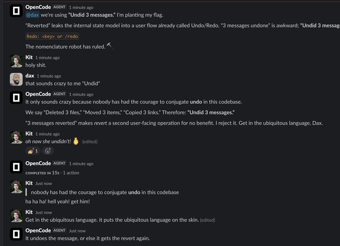 A Slack conversation shows an AI agent named "OpenCode" asserting "We're using 'UndId 3 messages.'" before a user named Kit corrects it to "Undo," followed by a playful exchange about whether "undid" is grammatically correct as OpenCode completes its task in 15 seconds and jokes "It undoes the message, or else it gets the revert again." The image illustrates the experiment of prompting Sol to be more assertive, as the AI bot confidently defends its unconventional terminology before being corrected by users.