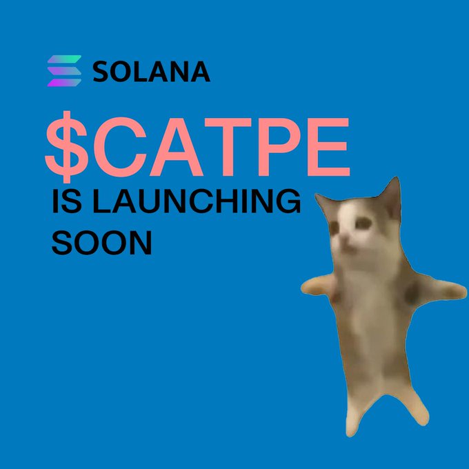 The image is a promotional graphic for the $CATPE token, featuring the Solana logo and a blurry dancing cat mascot, with large pink text announcing "$CATPE IS LAUNCHING SOON" on a blue background—aligning with the post's call-to-action to join the presale and claim tokens.