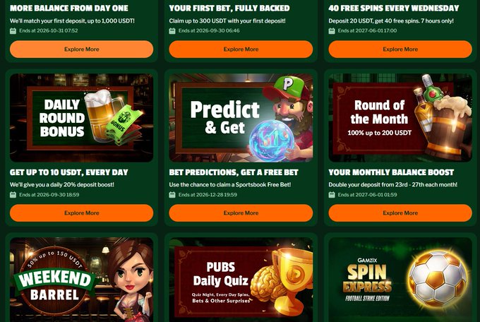 A promotional page displays various betting and gaming bonuses including 'MORE BALANCE FROM DAY ONE', 'YOUR FIRST BET, FULLY BACKED', '40 FREE SPINS EVERY WEDNESDAY', 'DAILY ROUND BONUS', 'Predict & Get', 'Round of the Month', 'WEEKEND BARREL', 'PUBS Daily Quiz', and 'GAMZIX SPIN EXPRESS'.