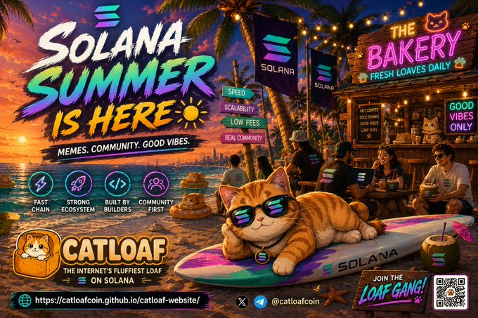 Promotional graphic for 'Solana Summer' featuring Catloaf coin on a beach scene with text including 'SPEED', 'SCALABILITY', 'LOW FEES', and links to catloafcoin.github.io and @catloafcoin.