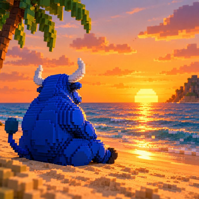 A voxel-style blue creature with white horns sits on a blocky sandy beach, watching a pixelated sun set over the ocean.