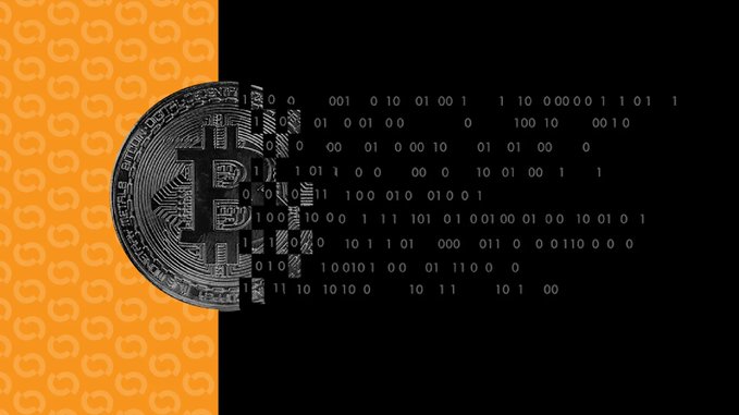 Graphic showing a metallic Bitcoin on an orange background dissolving into binary code on a black background.