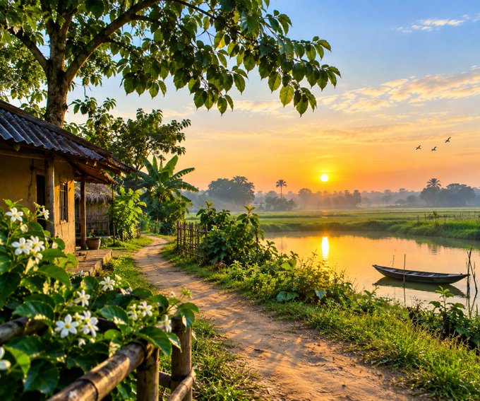 Scenic sunset view over a calm pond with a small boat, surrounded by green fields, trees, and a rustic house with a dirt path and white flowers in the foreground.