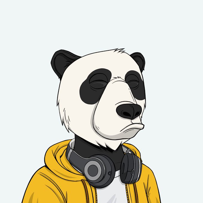 An illustrated portrait of a bear with panda-like markings wearing a yellow hoodie and headphones around its neck, eyes closed in a serene expression.