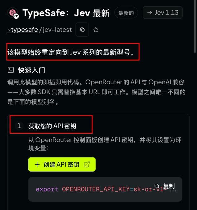 A documentation page in Chinese for the 'TypeSafe: Jev 最新' model (~typesafe/jev-latest), highlighting instructions to obtain an OpenRouter API key.