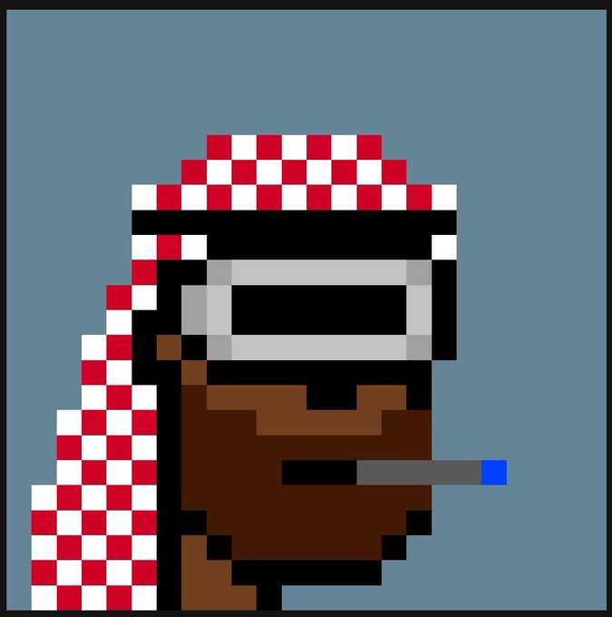 A pixel art style portrait of a figure wearing a red and white checkered keffiyeh and futuristic visor, smoking a blue cigarette against a gray background.