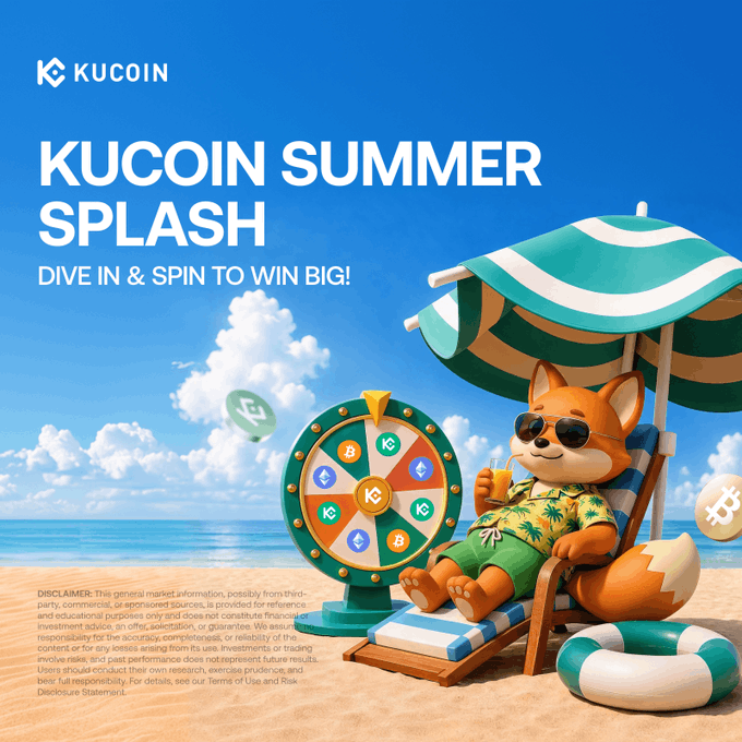 A KuCoin promotional graphic featuring an orange fox mascot in sunglasses relaxing on a beach chair under a striped umbrella, alongside a colorful "Summer Lucky Wheel" displaying crypto logos like KuCoin (KC) and Bitcoin (B). The image, headlined "KUCOIN SUMMER SPLASH - DIVE IN & SPIN TO WIN BIG!", visually supports the campaign's call to register and trade for a chance to spin the wheel and win prizes like 10,000 USDT.