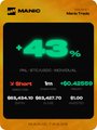 Screenshot of a MemeFi trading interface showing a 43% value with BTC price at $64,265 (+1.8%) and Short/Long options.