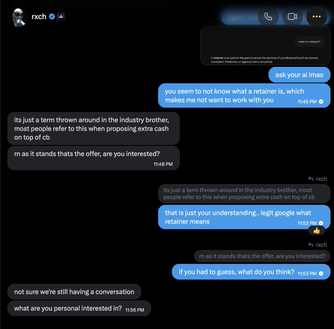 The image shows a Messenger conversation where a user asks an Axiom employee (rxch) what a retainer is, and the rep admits "its just a term thrown around in the industry brother, most people refer to this when proposing extra cash on top of cb." The exchange illustrates the post's point about Axiom's sloppy BD outreach—six reps sent identical offers with no internal coordination, revealing that even their own team doesn't understand the terms they're using.