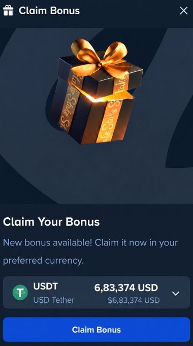 A "Claim Bonus" pop-up shows a reward of 6,83.374 USDT (USD Tether) available in a currency selection menu, which contradicts the promised $4,000 giveaway in the post—suggesting a crypto giveaway scam.