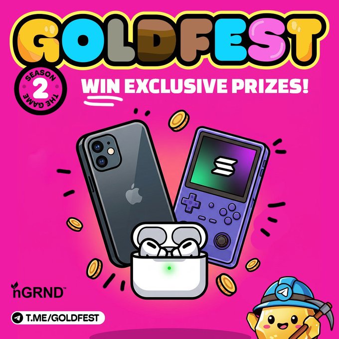 A vibrant promotional graphic for "GOLDFEST Season 2" by GRND advertising exclusive prizes like an iPhone, handheld gaming console, and AirPods, with the caption "PLAYERS" emphasizing the target audience of gamers and tech enthusiasts eligible to win. The link t.me/goldfest is displayed for participants.
