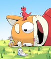 An animated cartoon character with orange skin, wide eyes, and a wide-open mouth, standing in a green field with small white creatures nearby.