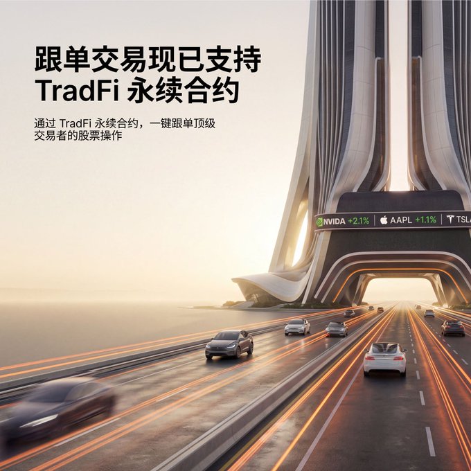 A futuristic cityscape advertisement with Chinese text promoting TradFi perpetual contracts for copy trading, featuring stock tickers for NVIDIA (+2.1%), AAPL (+1.1%), and TSLA displayed on a building.