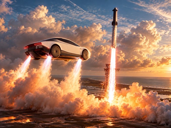 A futuristic sci-fi scene showing a white car-like vehicle flying alongside a rocket launch into a cloudy sunset sky.
