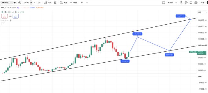 A TradingView candlestick chart of BTCUSD showing price action within an ascending channel, with annotations at 79,498.03, 95,700.00, 100,000.00, and 180,000.00.