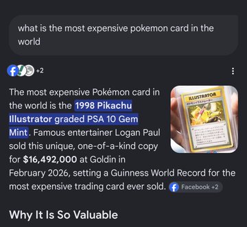 A screenshot of a search result answering 'what is the most expensive pokemon card in the world', noting the '1998 Pikachu Illustrator graded PSA 10 Gem Mint' sold by Logan Paul for $16,492,000 at Goldin in February 2026.