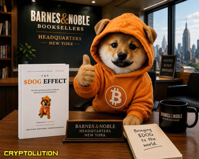 A Shiba Inu mascot in an orange Bitcoin hoodie gives a thumbs-up at a Barnes & Noble Booksellers Headquarters desk in New York, promoting the book "The $DOG Effect" by Cryptolution, alongside a branded mug and a sign declaring "BOOKS BUILD BRIDGES — Bringing $DOG to the world."