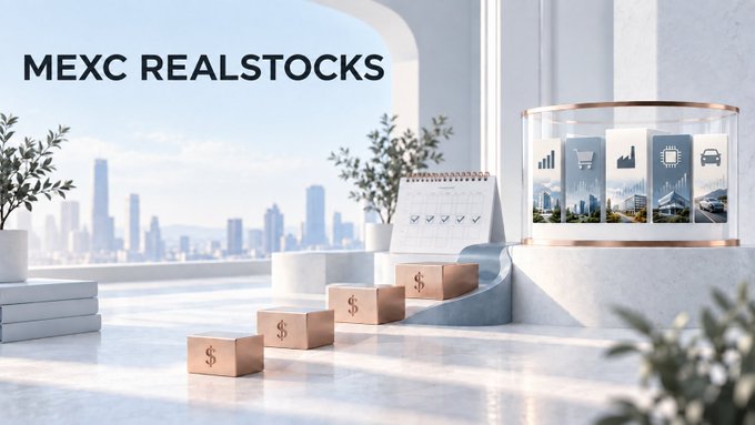 A promotional banner for 'MEXC REALSTOCKS' featuring a clean, modern 3D illustration of a staircase made of dollar-marked blocks leading up to a calendar and digital asset cards, set against a bright cityscape background.