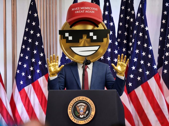 A figure in a blue suit and red tie stands at the presidential podium with the Presidential Seal, their face obscured by a large golden "cool" emoji wearing pixelated sunglasses and a red cap reading "MAKE MEMECOINS GREAT AGAIN," with golden hands raised in a shrug, perfectly visualizing the post's rallying cry for memecoins.