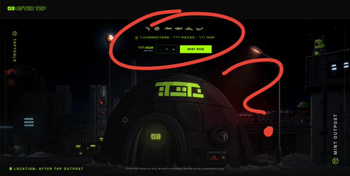 A dark sci-fi themed digital illustration of an outpost at night with green text reading 'AFTER TAP' and 'LOCATION: AFTER TAP OUTPOST', featuring a large red question mark and red scribbles circled over the central menu.