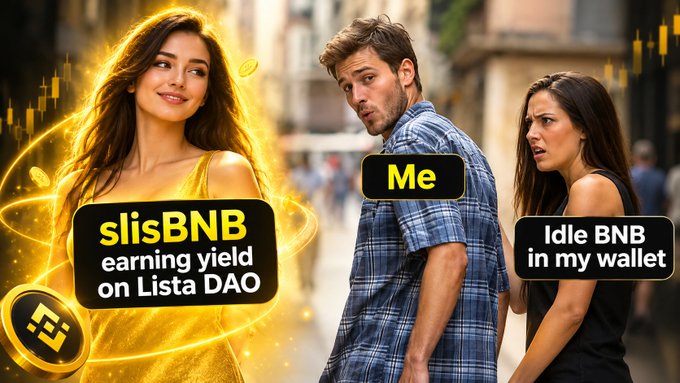 A promotional graphic showing a man labeled 'Me' looking admiringly at a glowing woman labeled 'slisBNB earning yield on Lista DAO' while his disgusted girlfriend, labeled 'Idle BNB in my wallet', glares at them.