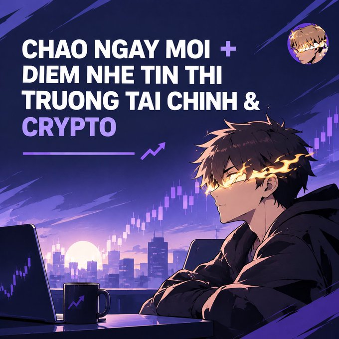 An anime-style crypto graphic says “CHÀO NGAY MỚI + ĐIỂM NHÉ TIN THỊ TRƯỜNG TÀI CHÍNH & CRYPTO,” featuring a glowing-eyed character, chart, laptop, and cityscape.
