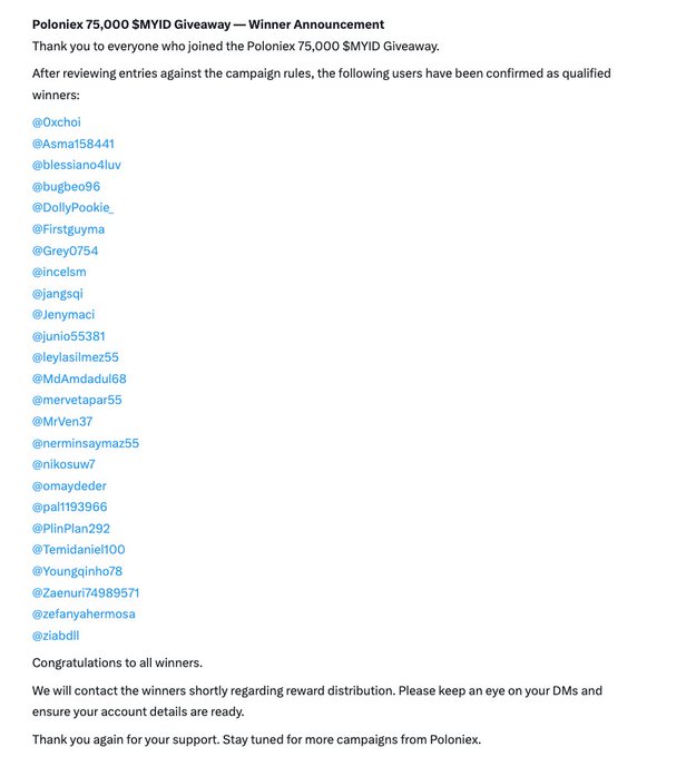 An announcement for the 'Poloniex 75,000 $MYID Giveaway' listing usernames of confirmed winners.
