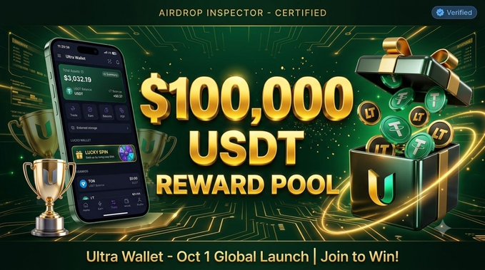 A promotional banner for Ultra Wallet's "Airdrop Inspector - Certified" event, featuring a "$100,000 USDT REWARD POOL" and the "Ultra Wallet - Oct 1 Global Launch | Join to Win!" announcement, alongside an app interface showing a UBOX wallet and a treasure chest overflowing with LT tokens. The image visually reinforces the post's offer of instant USDT rewards and free LT tokens, encouraging users to join the airdrop by launching the Mini-App and mining tokens daily.