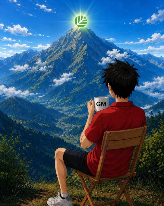 A young man sits in a folding chair on a grassy overlook, sipping from a mug labeled "GM" while gazing at a glowing green logo atop a distant mountain, symbolizing the dawn of a new technological era in Web3 where ordinary people are empowered to bring ideas to life.