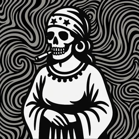 A stylized black and white illustration depicts a fortune teller skull figure with stars on its headscarf, smoking a cigarette, set against a swirling hypnotic psychedelic background that matches the "trippy" description of the RampCoin NFT.