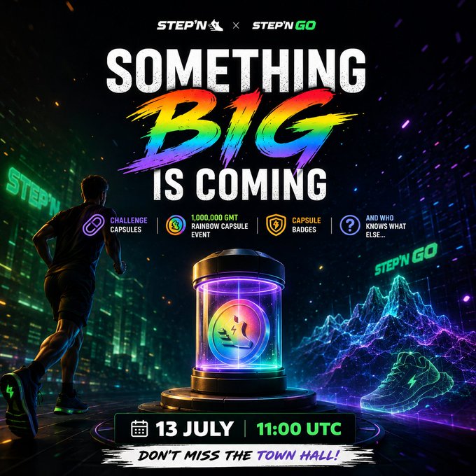 STEPN x STEPN GO promotional poster announcing 'SOMETHING BIG IS COMING' with features like Challenge Capsules, 1,000,000 GMT Rainbow Capsule Event, and Capsule Badges, dated 13 July 11:00 UTC.