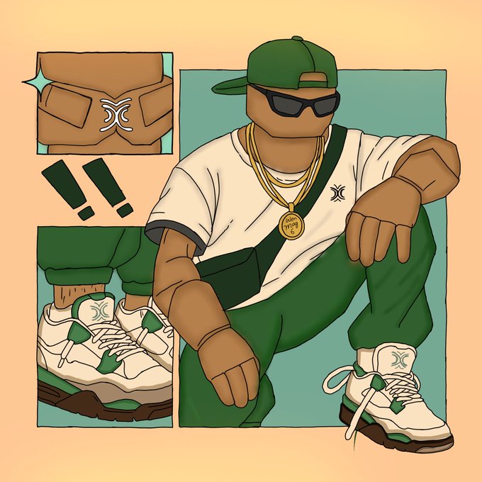 An illustrated stylized character wearing a green cap, sunglasses, a white and green outfit, gold chains, and white and green sneakers, displayed in a comic-panel format.