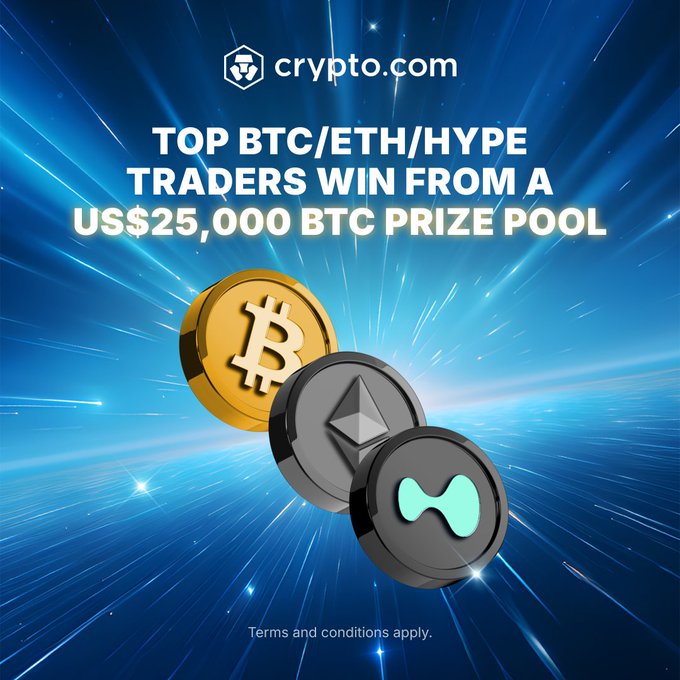 A Crypto.com promotional graphic with a blue starburst background features 3D renderings of Bitcoin, Ethereum, and HYPE tokens alongside the headline "TOP BTC/ETH/HYPE TRADERS WIN FROM A US$25,000 BTC PRIZE POOL." The image visually reinforces the campaign's message by showcasing the three trading pairs and the BTC prize, tying directly to the call for users to trade at least US$50 in these assets by August 27 for a chance to win.