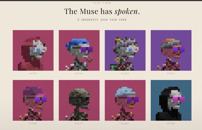A webpage titled "The Muse has spoken. 8 ARGONAUNTS JOIN YOUR CREW" displays a grid of eight pixel art NFT character portraits with various hair colors and numbers beneath each.