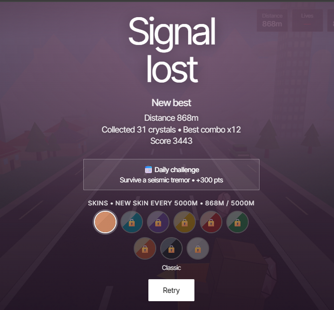A mobile game 'Game Over' screen displaying 'Signal lost' with stats: New best distance 868m, 31 crystals collected, score 34443, and a daily challenge to 'Survive a seismic tremor' worth +300 points.