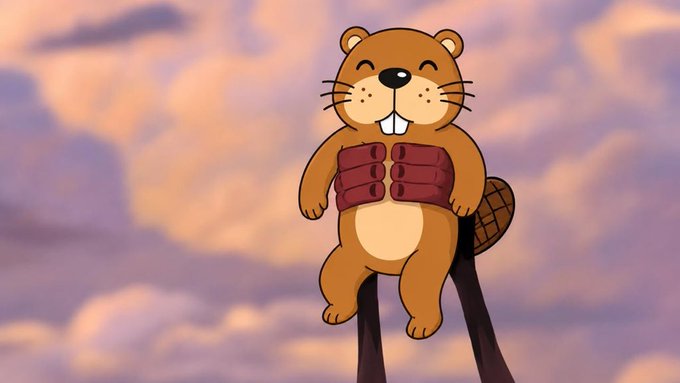 A smiling cartoon beaver with prominent buck teeth and a brown segmented belly is held up against a pastel sunset sky, embodying the playful and instantly readable charm of the $CHONKETHA meme. The character's chubby build visually matches the "chonk" theme, making the concept of the community immediately clear and accessible to newcomers.