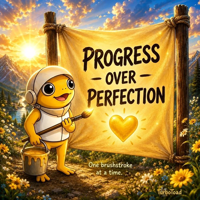 A cartoon turtle-like mascot holding a paintbrush and paint bucket stands beside a large banner reading 'PROGRESS OVER PERFECTION' with 'One brushstroke at a time.' written below, set against a sunlit mountain landscape.