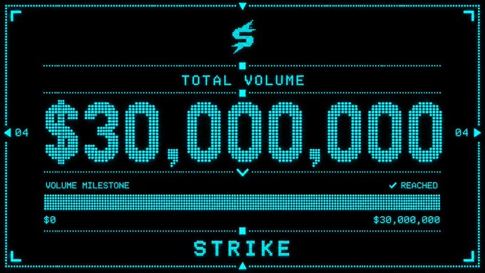 The image features a digital display with the text "STRIKE" written across it, along with numbers representing the total volume of $30,000. The background of the image is black, which contrasts with the white text and blue numbers on the screen. The overall layout suggests that this could be an advertisement or promotional material for a game or app called Strike.