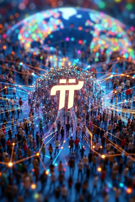 A digital artwork features a glowing Pi symbol at the center of a globe composed of a dense crowd of people, with interconnected light nodes and lines radiating outward in blue, orange, and yellow colors.