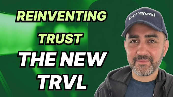A man wearing a navy 'dtravel' cap against a green background with bold text reading 'REINVENTING TRUST THE NEW TRVL'.